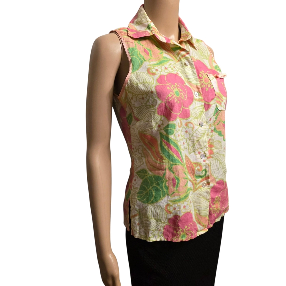 Richard Malcolm Linen Tropical Button Up Sleeveless Top Size S - Picture 2 of 9